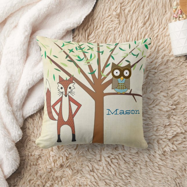 Personalised Baby Boy's Room Cute Fox and Owl Cushion (Blanket)