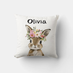 Personalised Baby Bunny with Floral Wreath Cushion