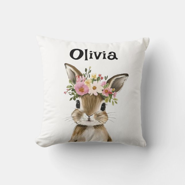 Personalised Baby Bunny with Floral Wreath Cushion (Front)