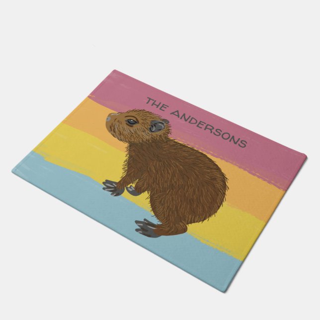 Personalised Baby Capybara Colourful Striped Doormat (Angled)