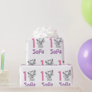 Personalised Baby Cat Plaid First Birthday  Wrapping Paper