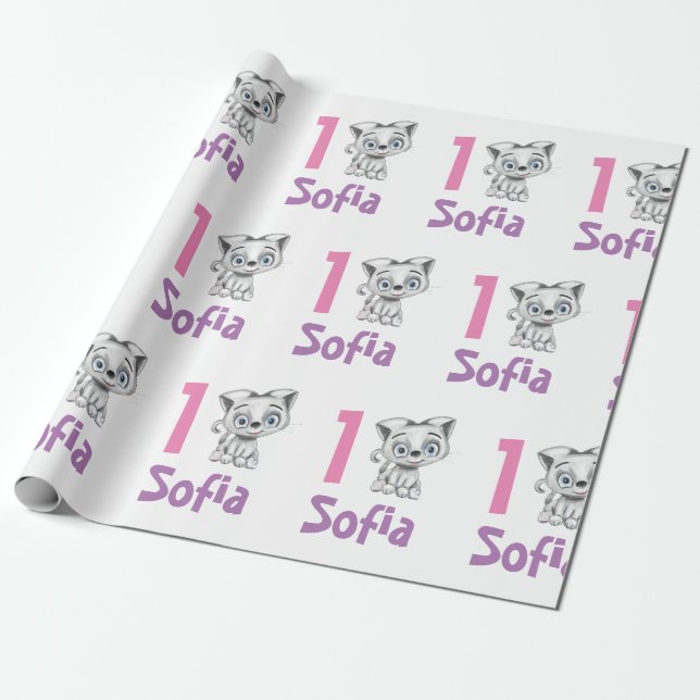 Personalised Baby Cat Plaid First Birthday  Wrapping Paper (Unrolled)
