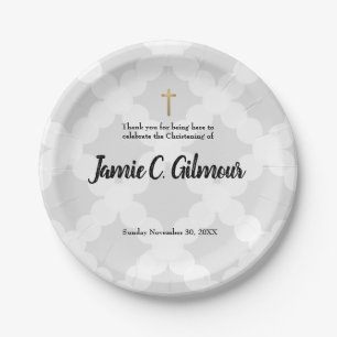 Personalised Baby Christening Grey & gold cross Paper Plate