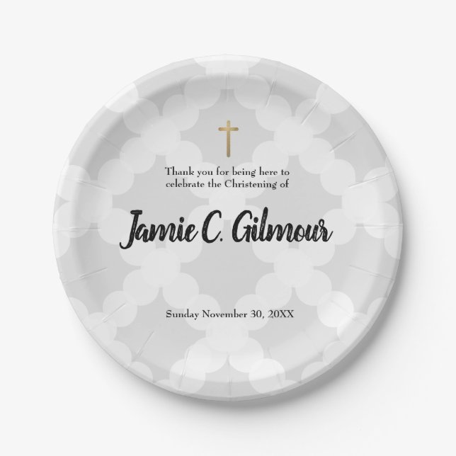 Personalised Baby Christening Grey & gold cross Paper Plate (Front)