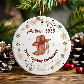 Personalised Baby Cowboy First Christmas  Ceramic Tree Decoration