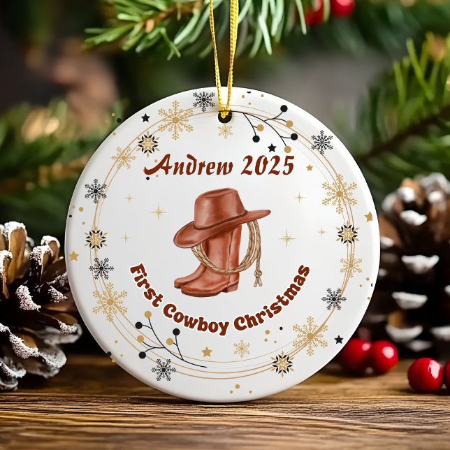 Personalised Baby Cowboy First Christmas  Ceramic Tree Decoration (Creator Uploaded)