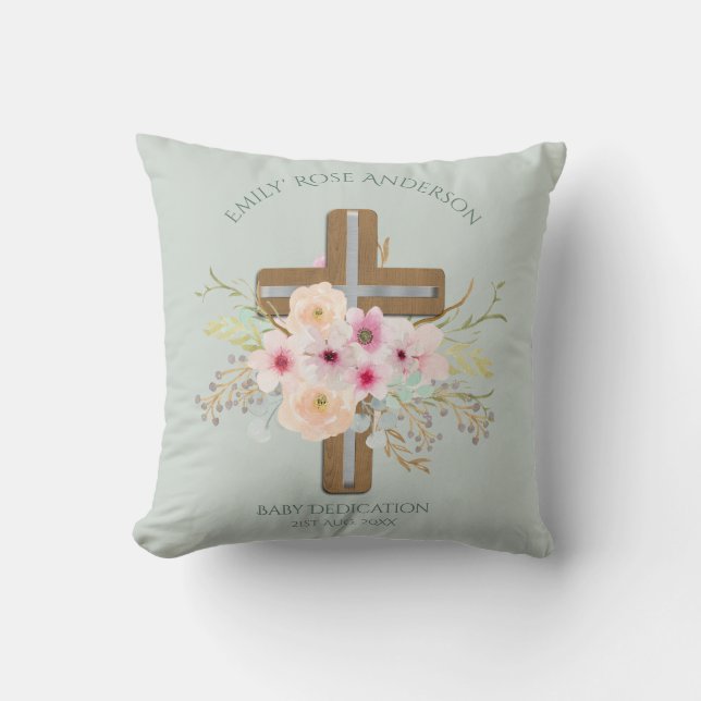 Personalised BABY Dedication Floral Cross Cushion (Front)