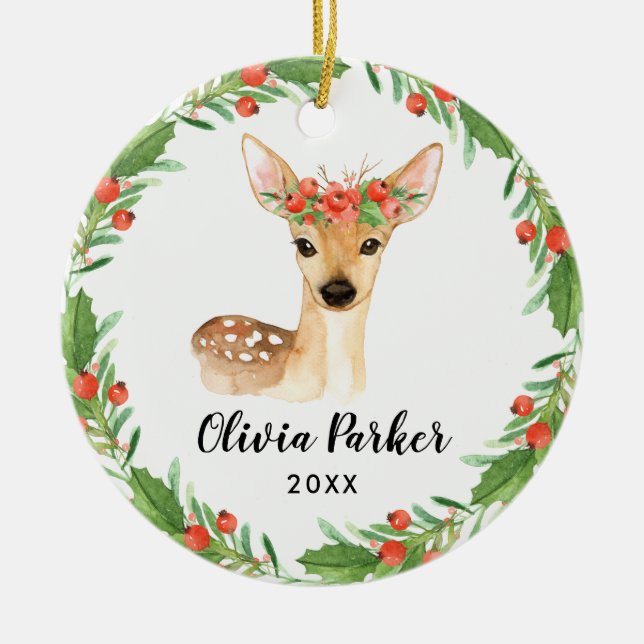 Personalised Baby Deer | Cute Baby Girl Photo Ceramic Tree Decoration (Front)