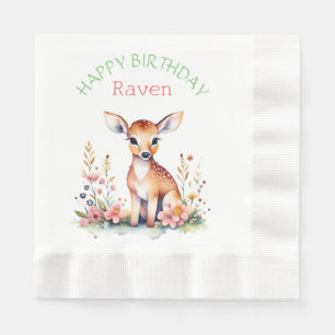 Personalised Baby Deer in Flowers Girl's Birthday Napkin