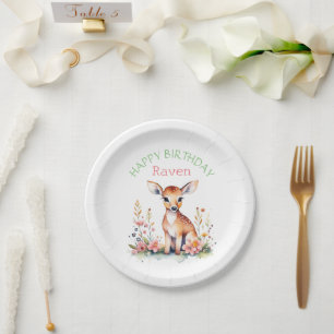 Personalised Baby Deer in Flowers Girl's Birthday  Paper Plate