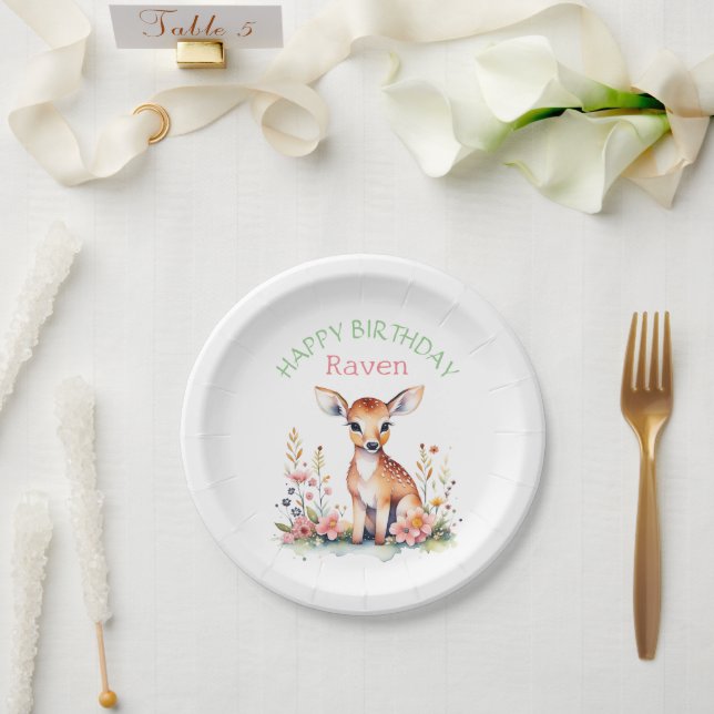 Personalised Baby Deer in Flowers Girl's Birthday  Paper Plate (Wedding)
