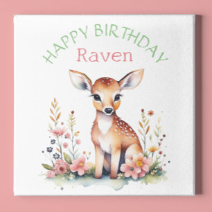 Personalised Baby Deer in Flowers Girl's Birthday Poster