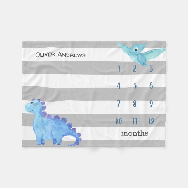 Personalised Baby Dinosaur Milestone Photo Fleece Blanket (Front (Horizontal))