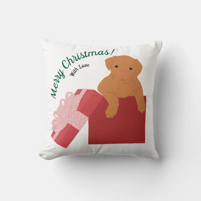 Personalised baby dog in a gift box cushion (Front)