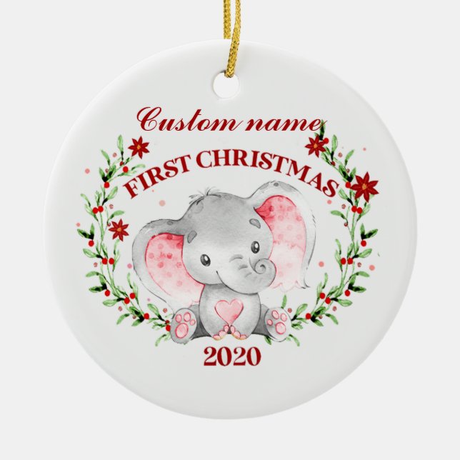 Personalised Baby Elephant 2020 first Christmas Ceramic Tree Decoration (Front)