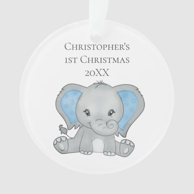 Personalised Baby Elephant Blue Baby 1st Christmas Ornament (Front)