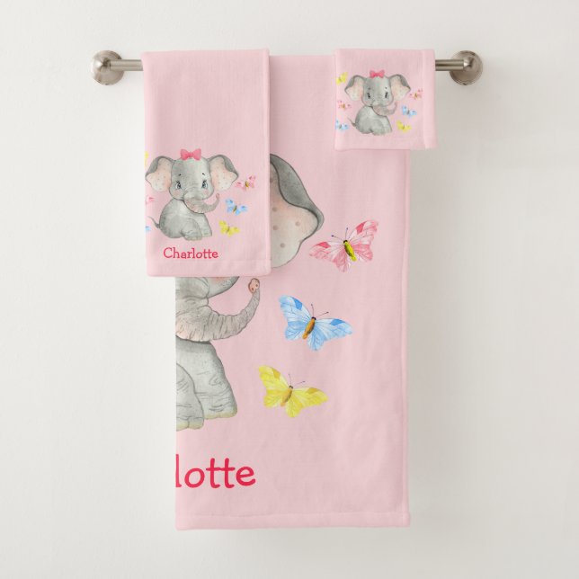 Personalised Baby Elephant Girls Pink   Bath Towel Set (Insitu)