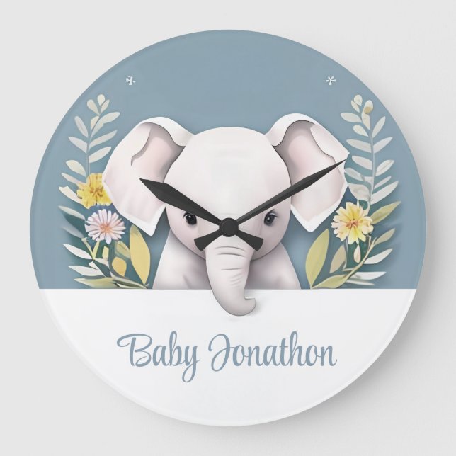 Personalised Baby Elephant Nursery Art Large Clock (Front)