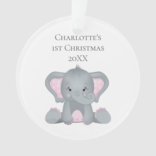 Personalised Baby Elephant Pink Baby 1st Christmas Ornament (Front)