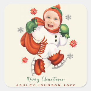 Personalised Baby Face Photo Chubby Santa  Square Sticker