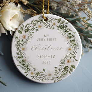 Personalised Baby First Christmas Forest Wreath Ceramic Tree Decoration