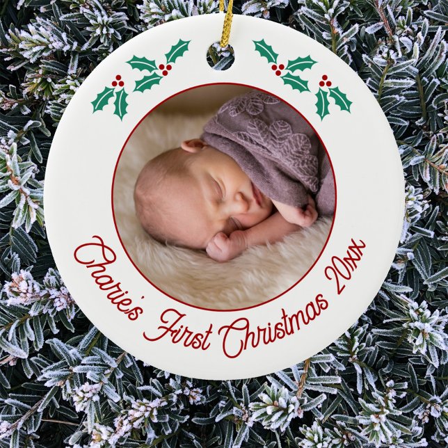 Personalised Baby First Christmas Photo Ceramic Tree Decoration (Personalized baby name first Christmas year photo ornament)