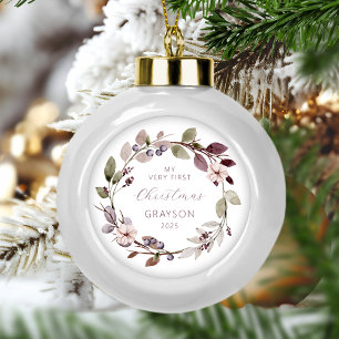 Personalised Baby First Christmas Purple Wreath Ceramic Ball Christmas Ornament