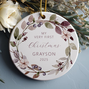 Personalised Baby First Christmas Purple Wreath Ceramic Tree Decoration