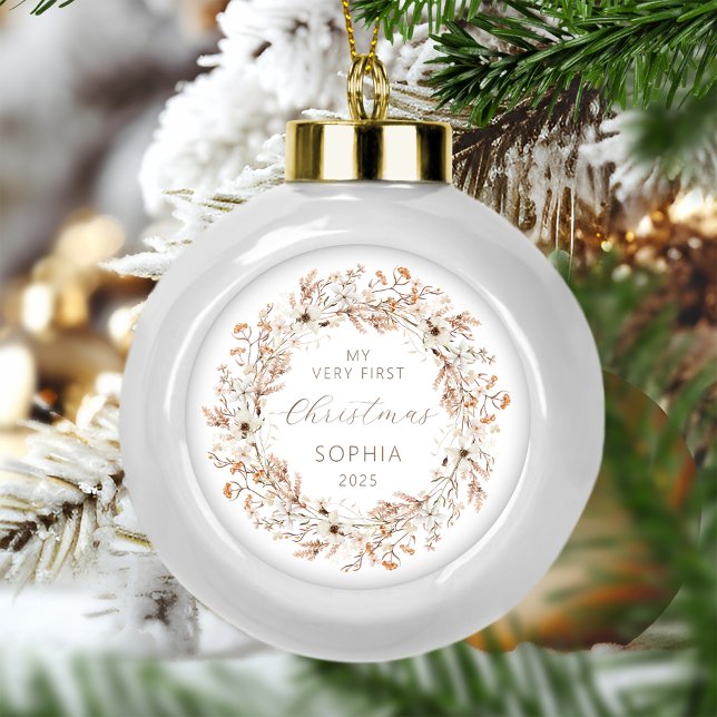 Personalised Baby First Christmas Wildflowers Ceramic Ball Christmas Ornament (Creator Uploaded)