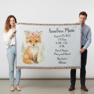 Personalised Baby Fox Birth Stats Girls' Nursery Throw Blanket
