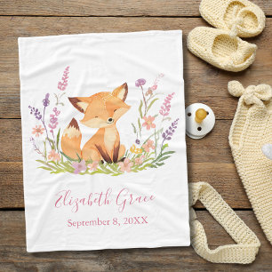 Personalised Baby Fox Wildflowers Pink Baby Fleece Blanket