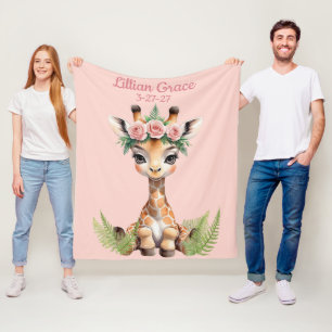 Personalised Baby Giraffe Feminine Safari Nursery Fleece Blanket
