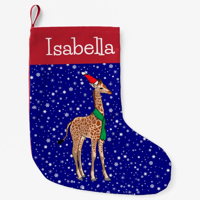Personalised Baby Giraffe in a Santa Hat Small Christmas Stocking (Front)
