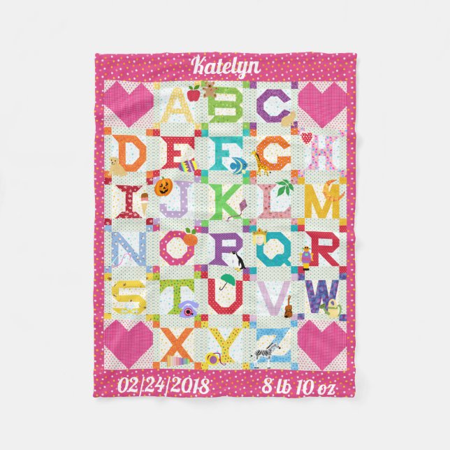 Personalised Baby Girl Alphabet Quilt Design Fleece Blanket (Front)