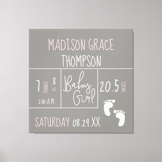 Personalised, Baby Girl Announcement Grey, Pink Canvas Print (Front)