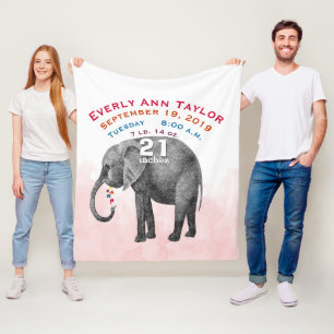 Personalised Baby Girl Birth Record Stats Elephant Fleece Blanket