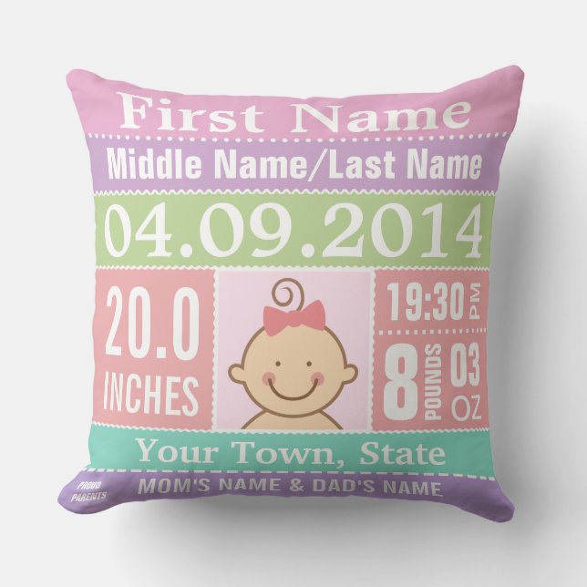 Personalised Baby Girl Birth Stats Pillow (Front)