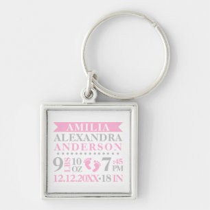 Personalised Baby Girl Birth Stats Pink Grey Key Ring