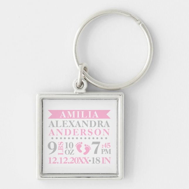 Personalised Baby Girl Birth Stats Pink Grey Key Ring (Front)