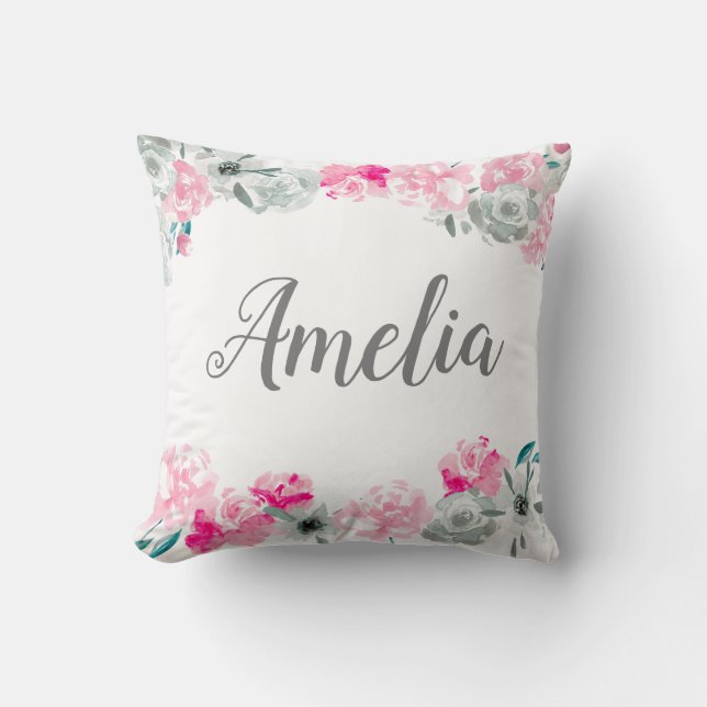 Personalised baby girl | Boho Watercolor flowers Cushion (Front)