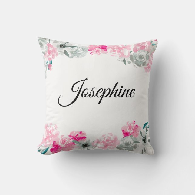 Personalised baby girl | Boho Watercolor flowers Cushion (Front)