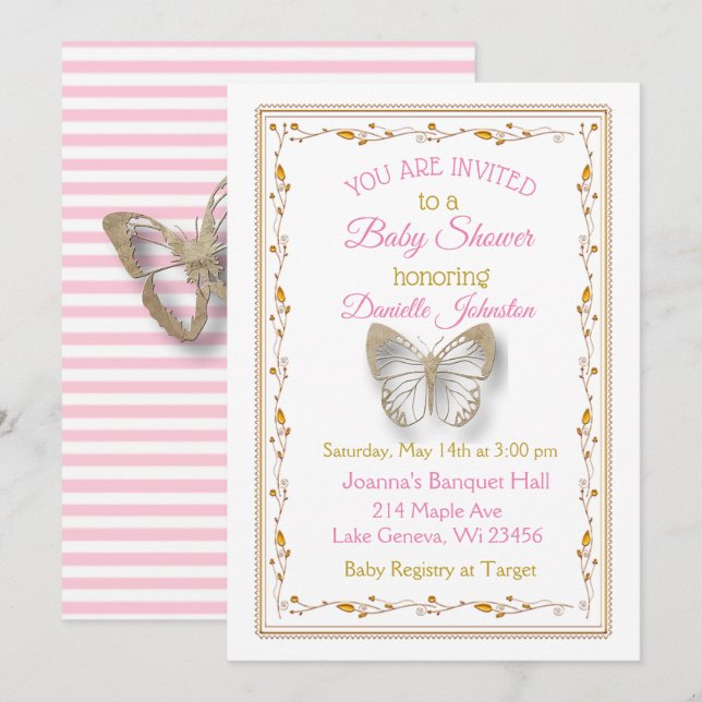 Personalised Baby Girl  Butterfly Baby Shower Invitation (Front/Back)