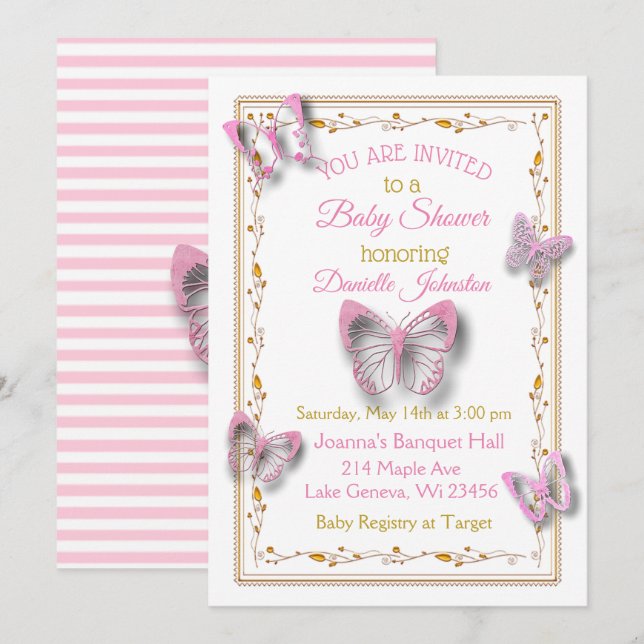 Personalised Baby Girl  Butterfly Baby Shower Invitation (Front/Back)