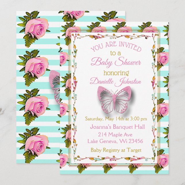 Personalised Baby Girl  Butterfly Baby Shower Invitation (Front/Back)