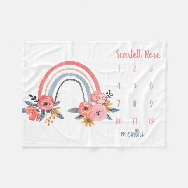 Personalised Baby Girl Milestone Floral Rainbow Fleece Blanket (Front (Horizontal))