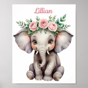 Personalised Baby Girl Nursery Cute Elephant Poster