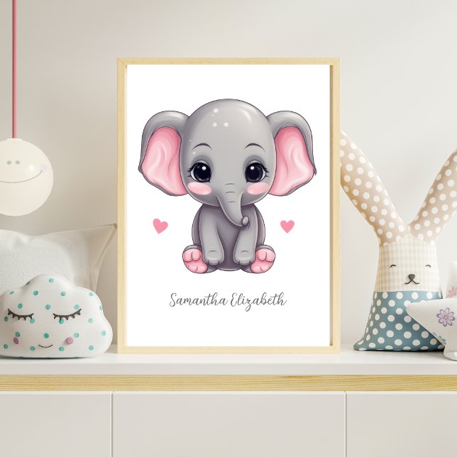 Personalised Baby Girl Nursery Pink Grey Elephant  Poster (Personalized Pink elephant Nursery wall Art poster.  Baby Shower gift for baby girl. Add her name)