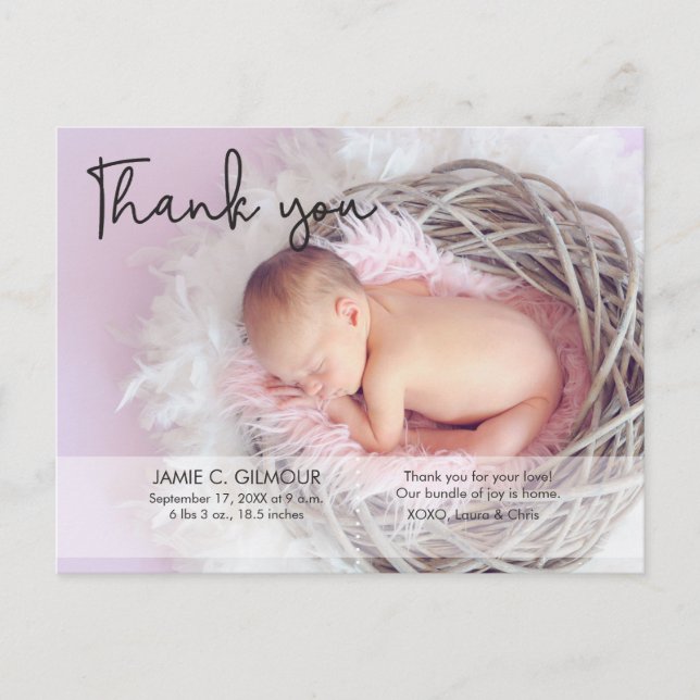 Personalised baby girl photo Thank you Postcard (Front)