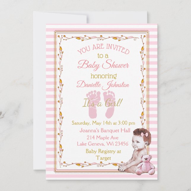 Personalised Baby Girl  Pink and Gold Baby Shower Invitation (Front)