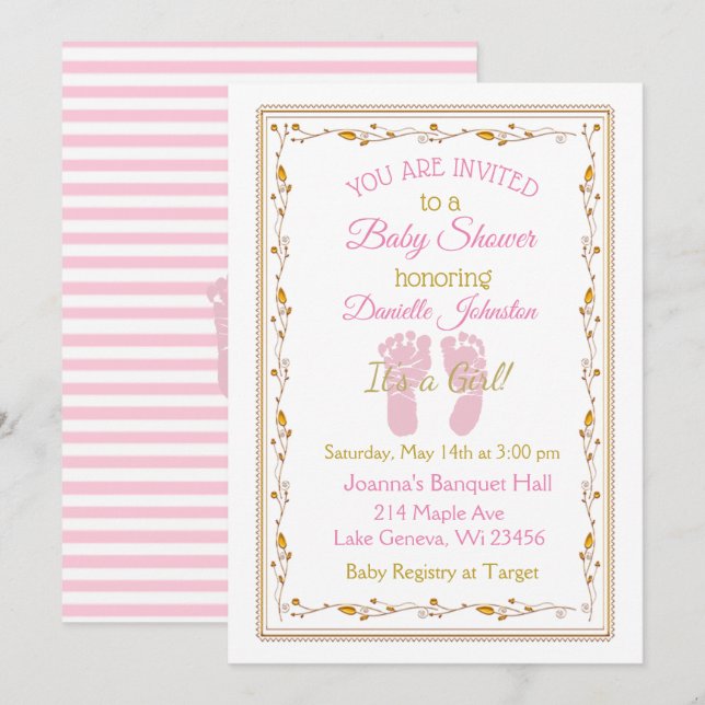 Personalised Baby Girl  Pink and Gold Baby Shower Invitation (Front/Back)